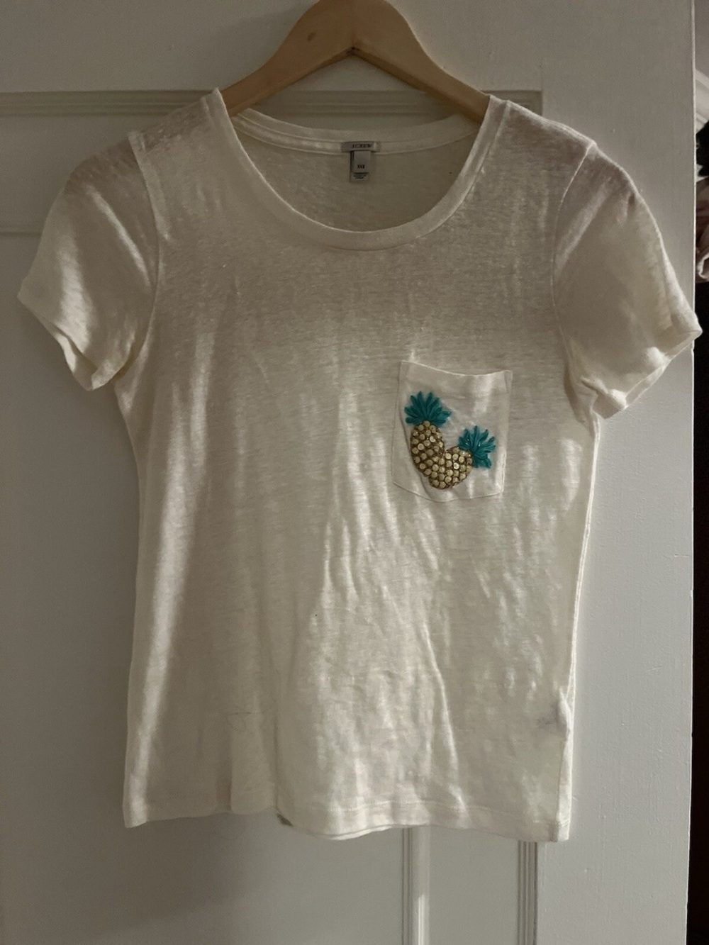 J. Crew Cream Short-Sleeve Tee with Pineapple Pocket Appliqué